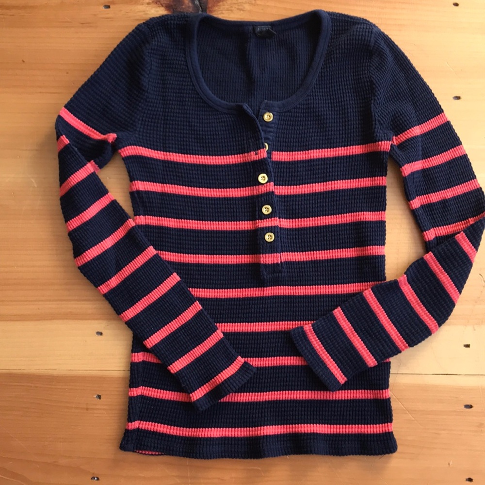 J Crew waffle knit striped henley navy/orange XXS